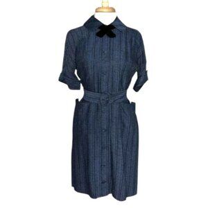 Vintage 1950s Blue Day Dress with Faux Belt, Pockets, and Black Velvet Bow